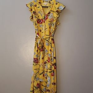Yellow Floral Button Down Dress with Pockets